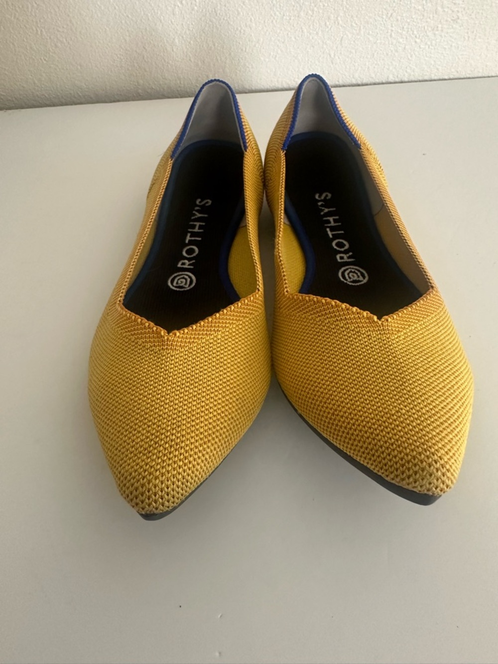 Rothy's Pointed Knit Flats in Mustard Yellow with Blue Trim